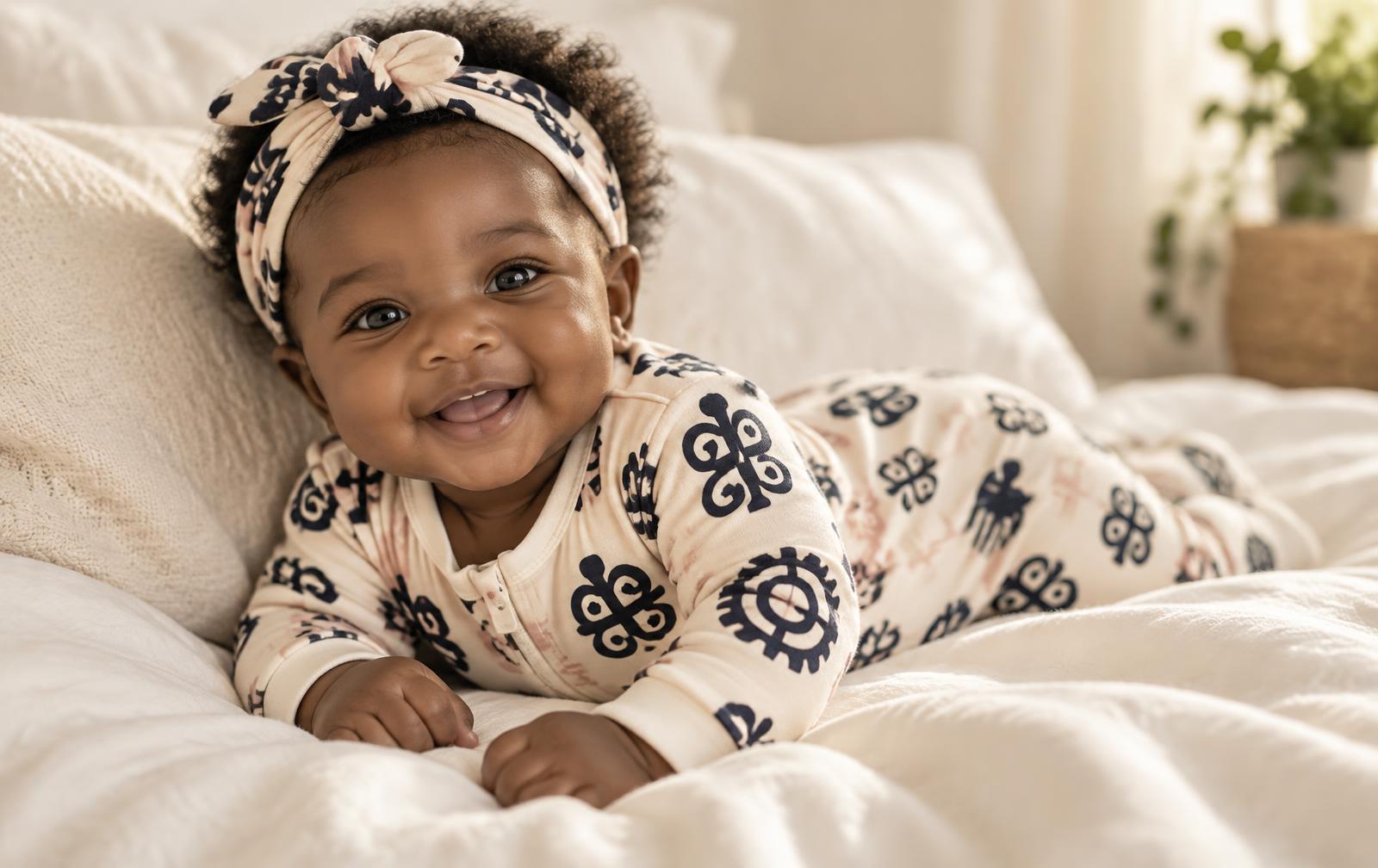 Smiling baby wearing cream Adinkra-inspired babywear