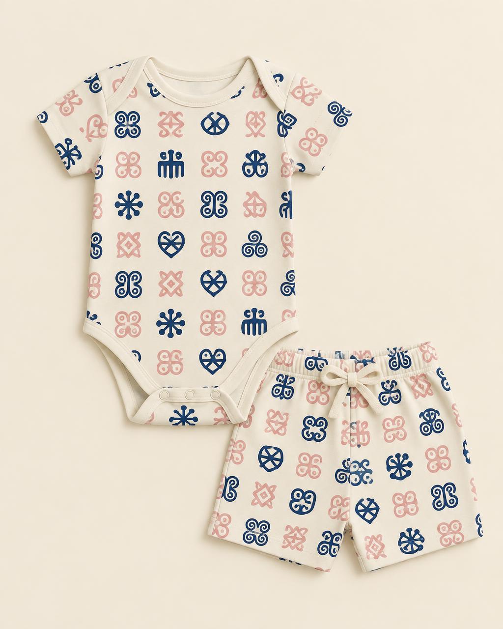 Cream Adinkra bodysuit and shorts flat lay