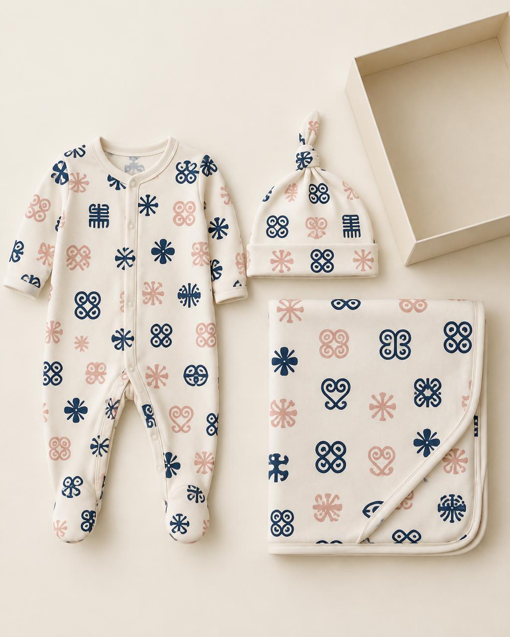 Adinkra Gift Set with sleepsuit, hat and blanket