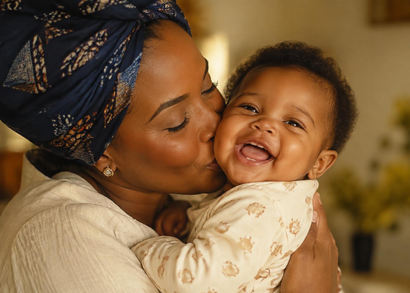 A mother kissing her baby